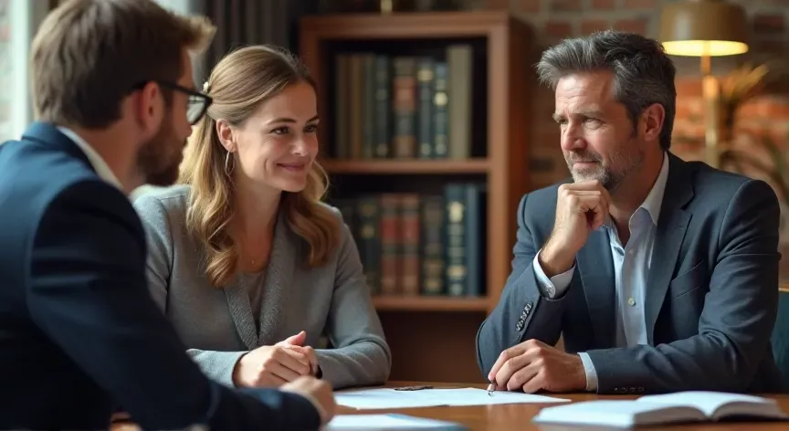 A middle aged couple stressed about bankruptcy and having a meeting with an attorney in a law office.