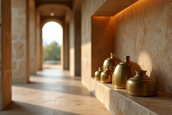 A sequence of graduated metal measures sits in perfect alignment along a solid stone corridor, creating a sense of unwavering and orderly progression.