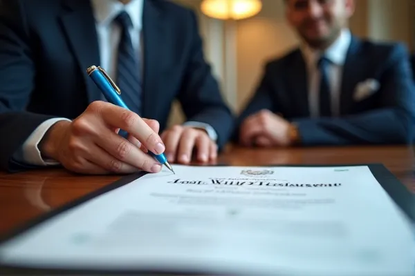 Close-up of last will and testament being signed with required witnesses under California law