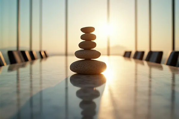 A singular, smooth stone element stands in absolute equilibrium on a reflective surface under the light of a new day.