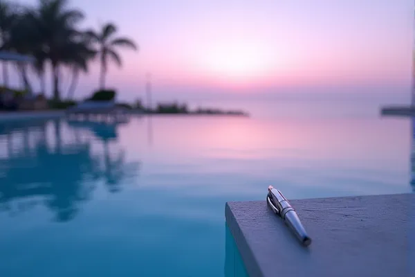 A clear reflection of a modern structure appears on a transparent surface, suggesting a state of perfect liquid equilibrium and clarity.