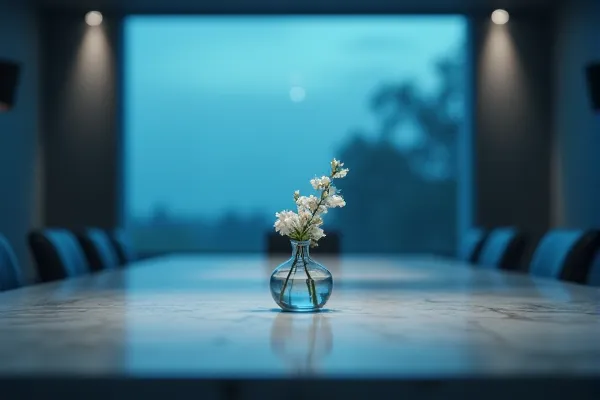 A single delicate flower stands in a space of professional silence, illuminated by the soft light of a blue twilight.