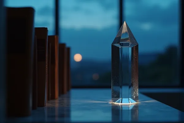A clear crystal element gathers the fading evening light and projects a single, focused ray across a collection of established records.