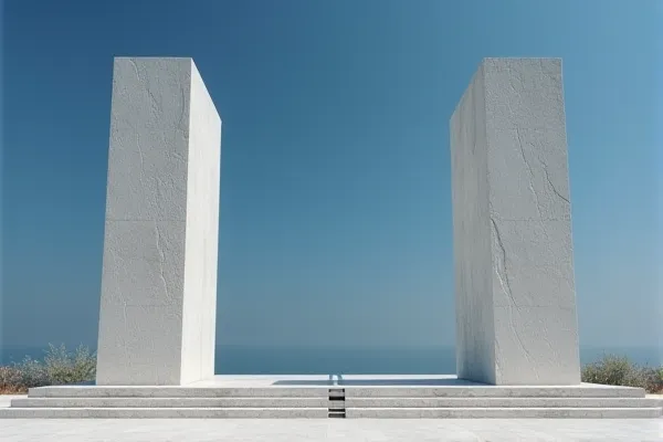 Two heavy stone elements are held in a state of unwavering and balanced alignment against a clear sky.