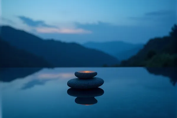 A singular, smooth element sits in perfect equilibrium beside a surface of absolute liquid stillness during the quiet transition of evening.