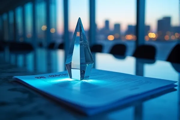 A clear crystal element gathers the fading evening light and projects a single ray across a collection of orderly documents in a quiet room.