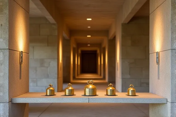 A sequence of graduated metal measures sits in perfect alignment along a solid stone corridor, creating a sense of unwavering and orderly progression.