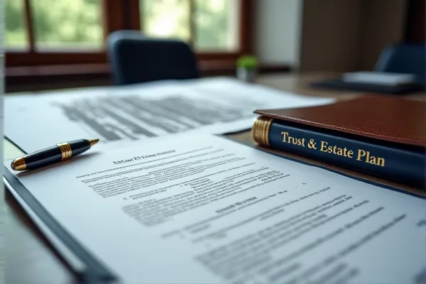 Estate planning documents and trust portfolio organized on executive desk in California law office.