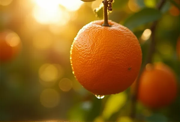 A sun-drenched Valencia orange in a Rancho Santa Fe grove representing the realization of wealth in a San Diego liquidity event.