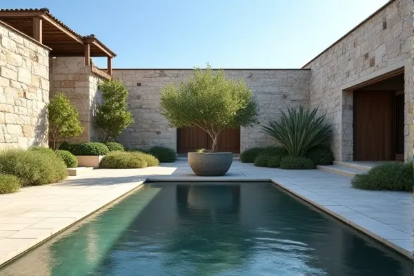 A steady reflecting pool sits beside a fresh planting, capturing a sense of orderly and renewed continuity.