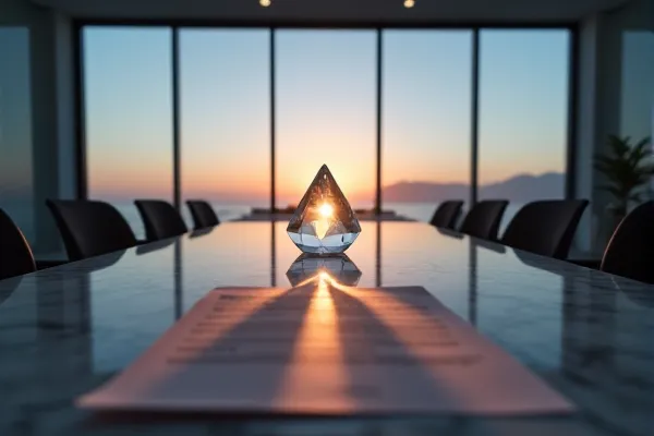 A clear crystal prism disperses a single light source across a collection of orderly documents in a quiet, evening room.