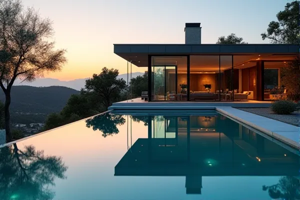 A clear reflection of a modern structure appears on a transparent surface, suggesting a state of perfect liquid equilibrium and clarity.