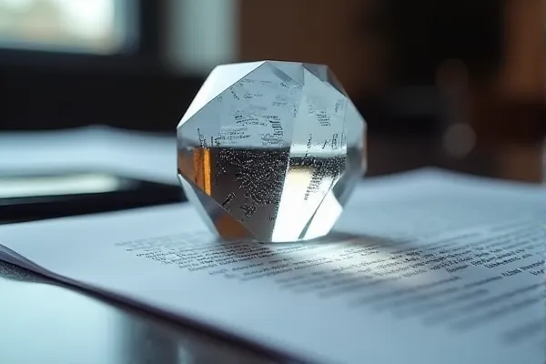 A clear crystal prism divides the view of a page, creating a shift in perspective while maintaining a sense of structural clarity.