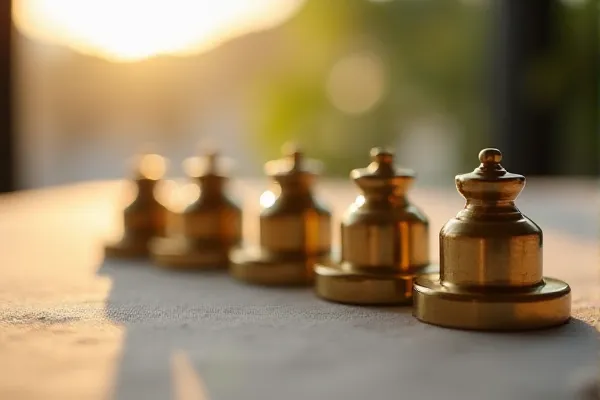 A sequence of graduated metal measures sits in perfect alignment, catching the warm, low light of a late afternoon.