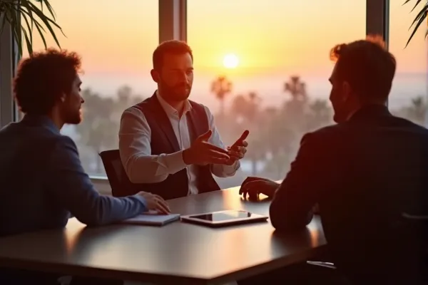 Estate planning advisors in a modern La Jolla office overlooking the Pacific Ocean during a strategic legal session.
