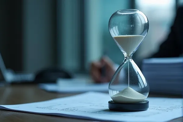 A glass vessel measures the silent flow of time while resting atop a foundation of established records.