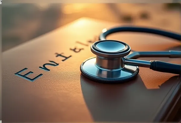 A silver stethoscope resting on a leather-bound estate planning binder with San Diego coastal light.