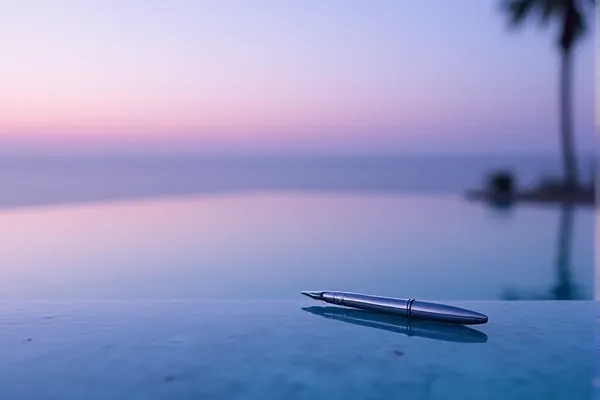 A clear reflection of a modern structure appears on a transparent surface, suggesting a state of perfect liquid equilibrium and clarity.