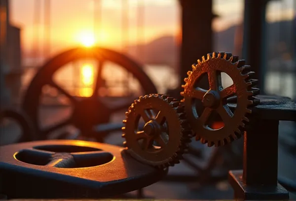 A historic nautical wheel at the San Diego Embarcadero at sunset, symbolizing operational control and leadership in family business governance.
