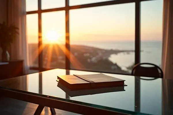 Professional San Diego estate planning attorney office desk featuring a fountain pen and leather portfolio with a view of the city skyline.
