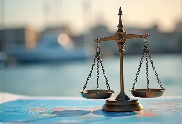 A professional compass resting on a nautical chart with the San Diego Harbor blurred in the background, representing the guidance provided by an estate review.