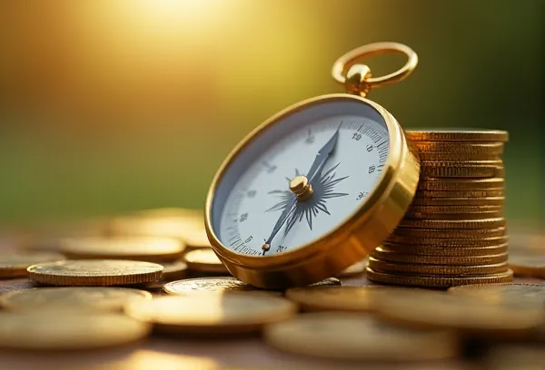 A golden nautical stopwatch resting on a financial ledger with a blurred view of Shelter Island, representing the precision of liquidity timing in estate planning.