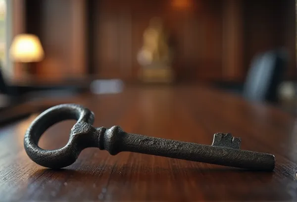 A heavy skeleton key resting on a granite surface with the San Diego Hall of Justice in the background, symbolizing legal clarity in real estate title transfers.