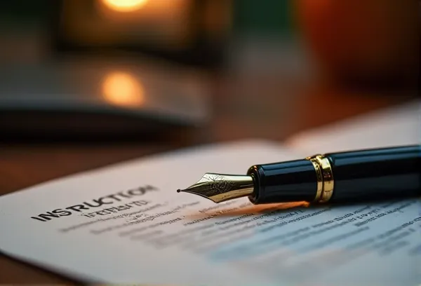A fountain pen on a Letter of Intent for a child with special needs with Balboa Park architecture in San Diego in the background, representing meticulous care and legal planning.