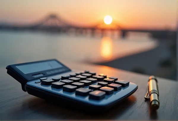 A gold fountain pen and tax documents on a desk with a blurred view of Point Loma at dusk, symbolizing meticulous transfer tax structuring.