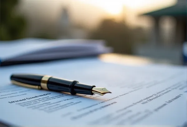 A fountain pen on a medical practice valuation report with the Scripps La Jolla architecture blurred in the background, representing precision in professional estate positioning.