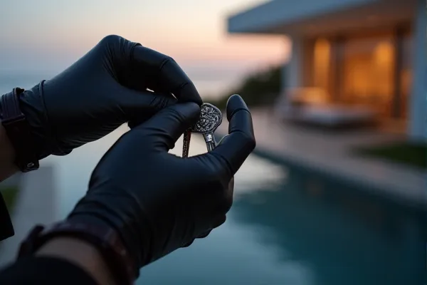 Precisely covered hands hold a metal key with unwavering care against a backdrop of fading evening light.