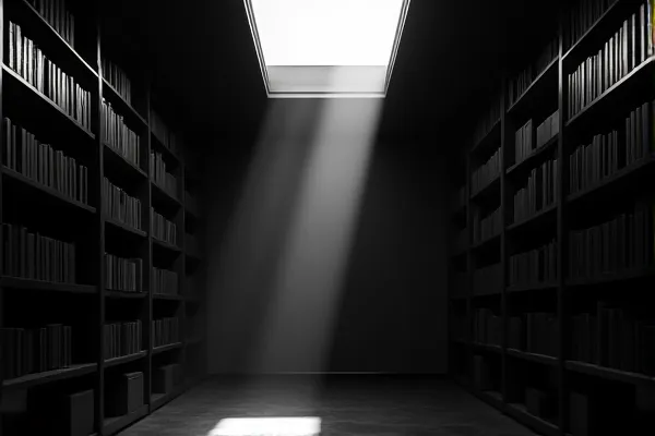 A single ray of light isolates one volume from a collection, highlighting a specific detail within a broader context.