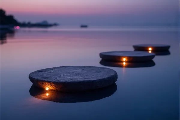 Three stone elements provide a stable path across a surface of absolute liquid stillness under a quiet evening sky.