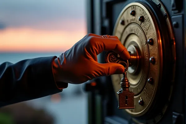 Precisely covered hands engage a metal key with a secure mechanism, marking a moment of quiet and permanent transition.